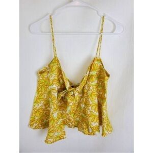 Zara Womens Crop Top Yellow White Floral Spaghetti Strap Knotted Cotton XL New